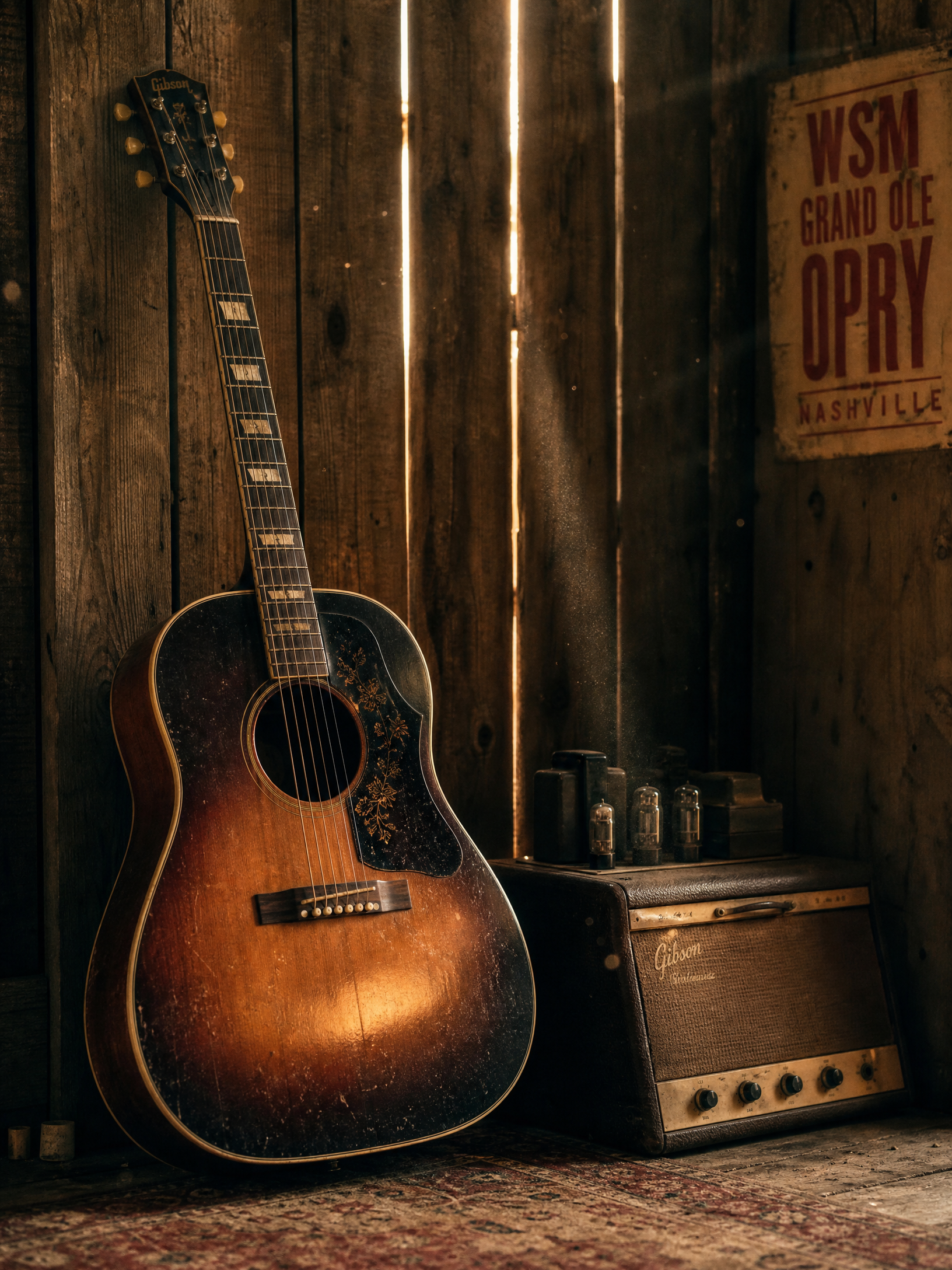 Vintage sunburst guitar leaning against a weathered barn wall
