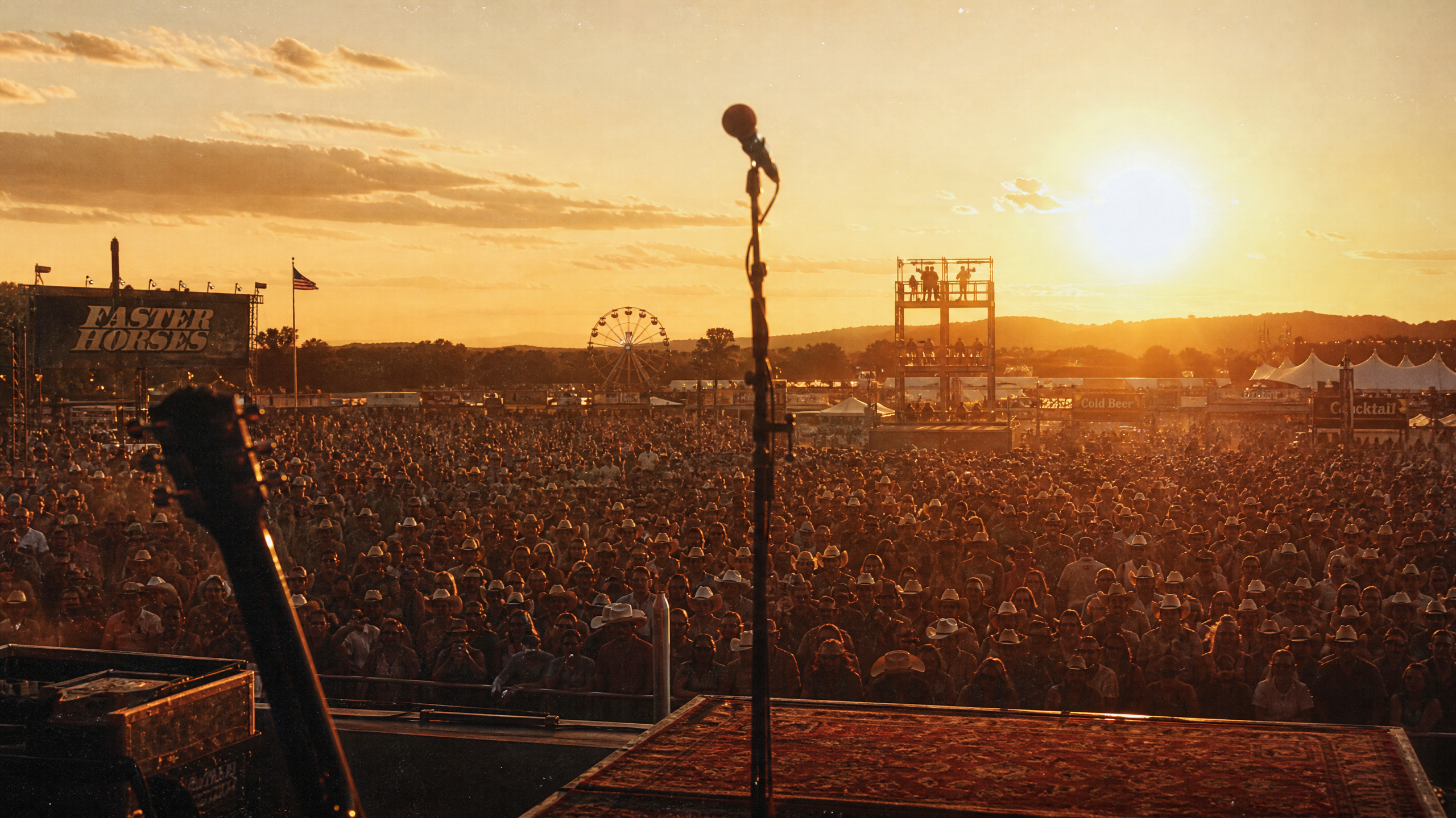 Festival crowd at golden hour seen from the stage